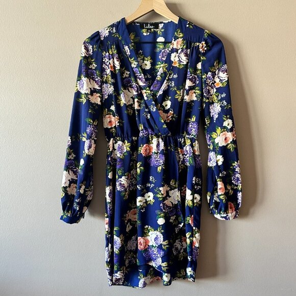 Women's XS Lulus That's a Wrap Navy Blue Floral Print Dress Long Sleeve - Picture 5 of 12